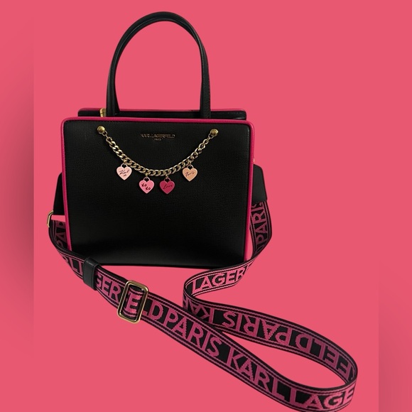 New KARL KAHERFEKD PARIS BLACK FUSCHIA LOVE STYLE CROSSBODY BAG - Picture 4 of 16